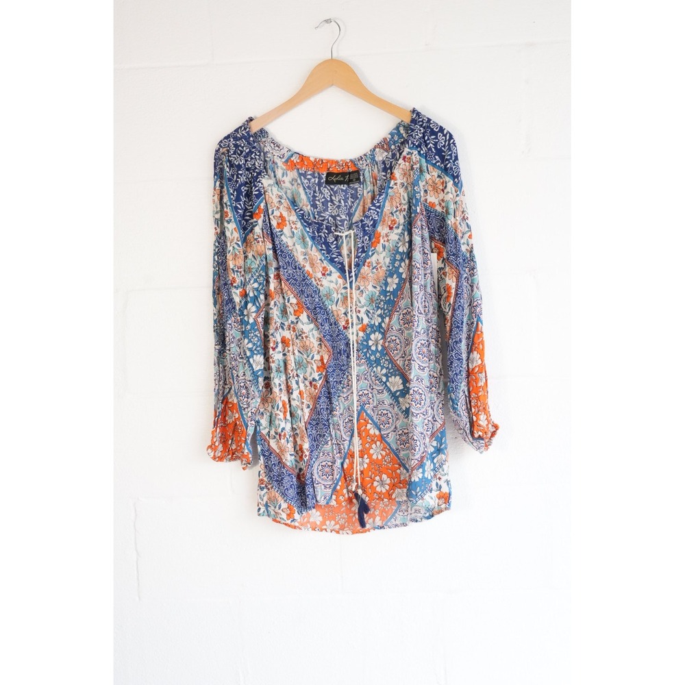 Lola P. Patchwork Floral Blouse Women Medium Blue Orange Boho Tassel Top‎